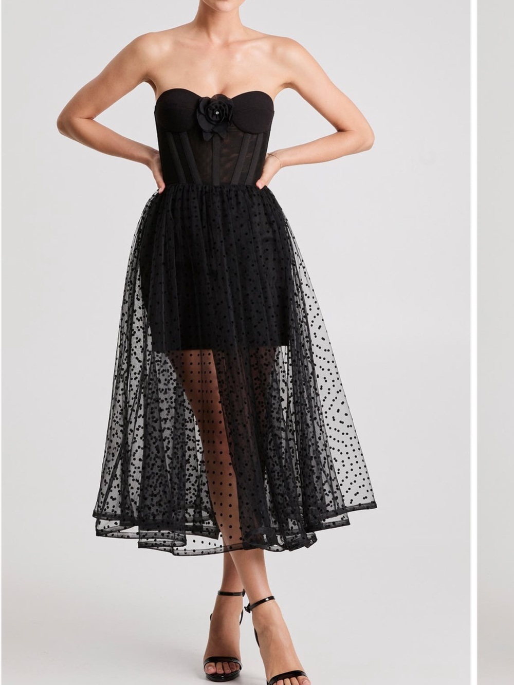NWT HELSI Valen Flocked Strapless Black Polka Dot Tulle Midi Dress corset XS